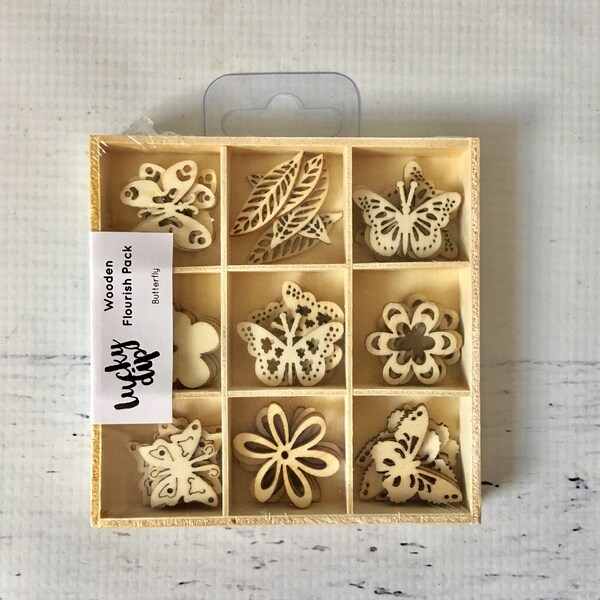 KaiserCraft Wooden Flourish Pack, Butterfly, ~1.25" ea. (with slight variation), 45 pcs/pkg, embellishments, paper crafting, card making