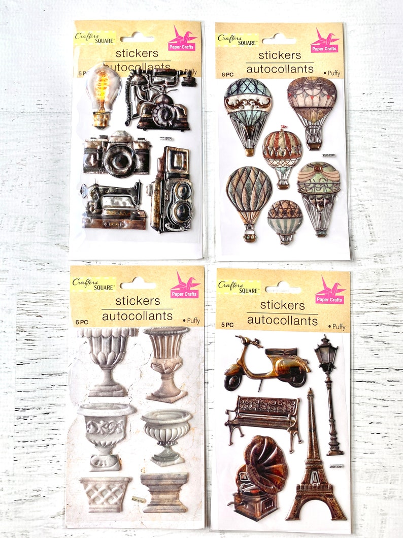 Urn Sticker Crafter's Square Puffy Stickers, 4 Pkg Set, Hot Air Balloon, Camera ...