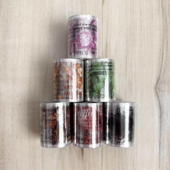 Coffee Memories PET Tape, 1.5 x2 x79" roll, spills script, green yellow red purple black brown, paper crafting, card making, junk journaling