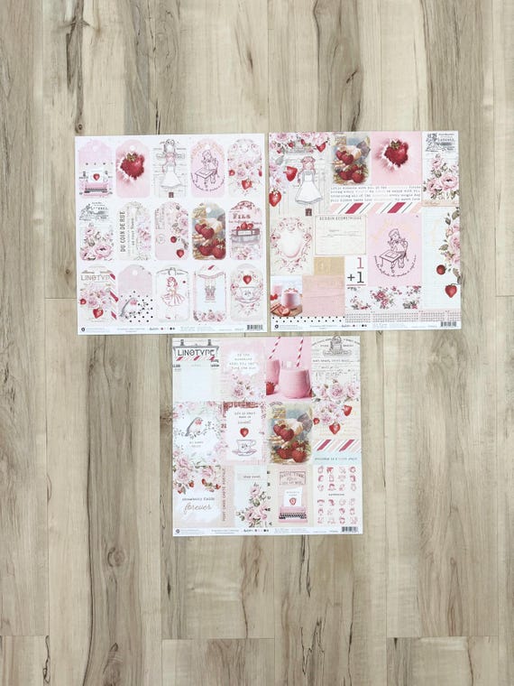 Prima Strawberry Milk Collection 12x12 Paper, 6 double-sided sheets, 3 designs, 2 sheets each, cards, papercrafting