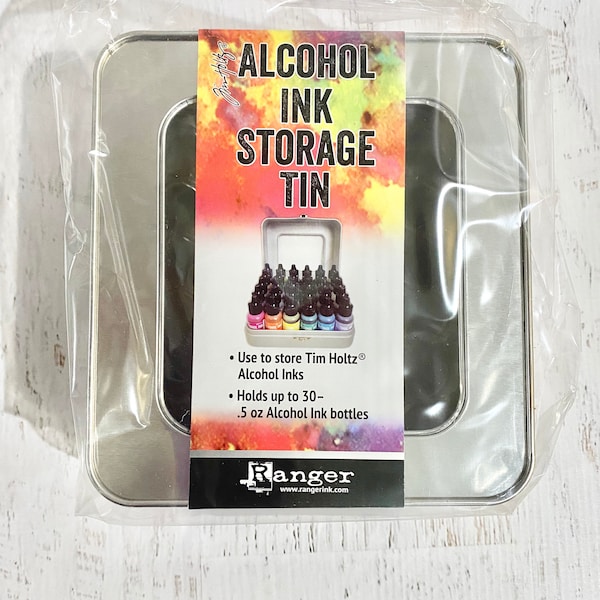 Tim Holtz Alcohol Ink Storage Tin, silver Metallic stand alone, stores up to 30 0.5 oz Ranger/Adirondak/Tim Holtz alcohol ink, 6X5-3/4X3-1/8