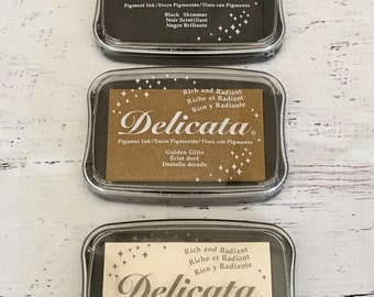 Tsukineko Delicata Metallic Ink Pads in Black Shimmer, Golden Glitz, or White Shimmer for stamping, card making, paper crafting, mixed media