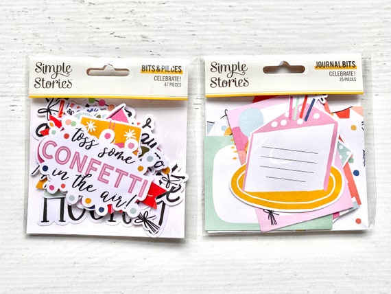 Simple Stories Celebrate! Journal Bits (25 pcs) or Bits & Pieces (47 pcs), planner, card making, paper crafting, collage, art journaling