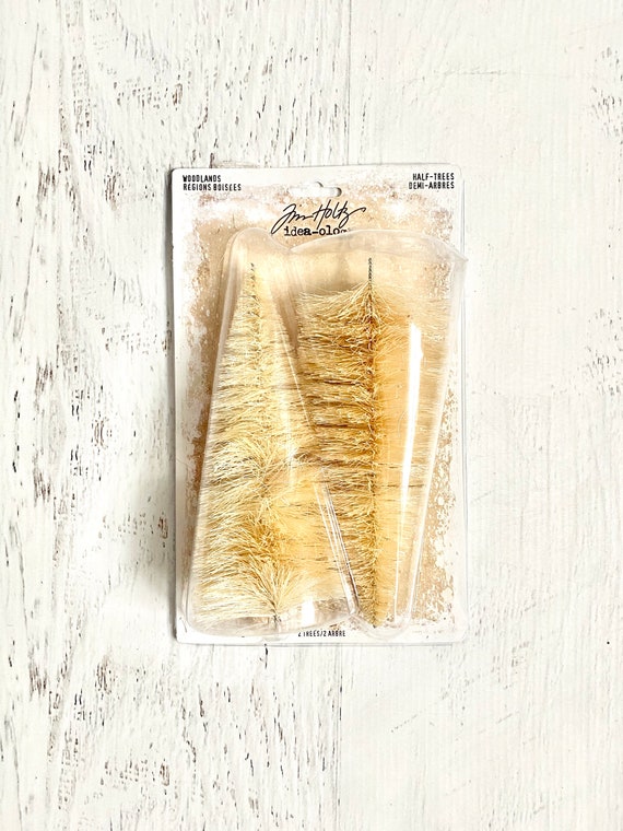 Tim Holtz, Ideaology, Woodlands large Tree Lot half trees, brush trees, embellishment paper crafting, mixed media assemblage, snow globes