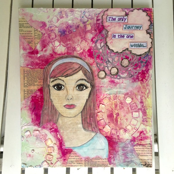 Canvas She Art, 8X10, The Only Journey, Mixed Media, canvas, girls, pink, purple, book paper, quotes, whimsical, home decor, wall art