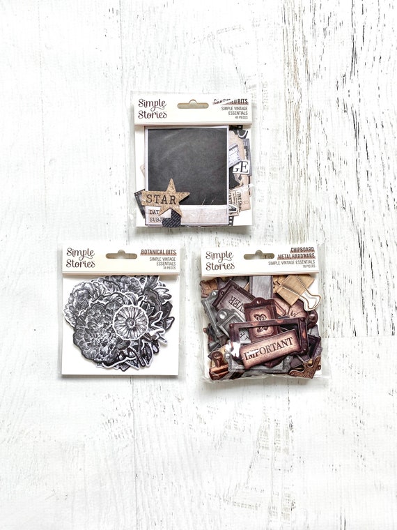 Simple Stories Simple Vintage Essentials Botanical Bits (38 pcs), Captured Bits (49 pcs), or Chipboard Metal Hardware (78 pcs), paper craft