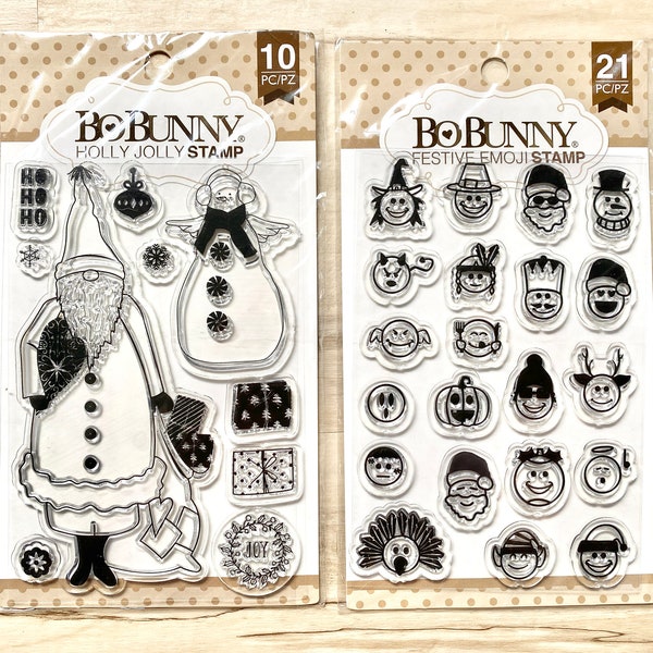 Bo Bunny Clear stamps,Festive Emoji or Holly Jolly Stamp set, scrapbooking, card making, art journaling, mixed media, Winter, Christmas