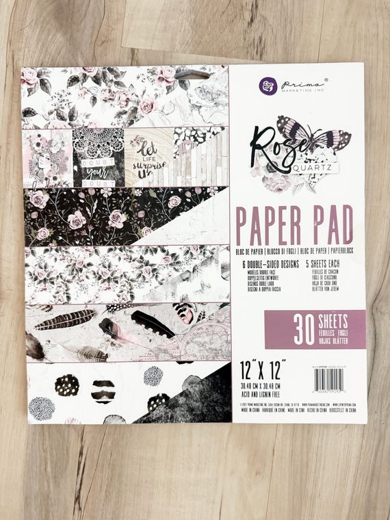 Prima Rose Quartz Collection 12x12 Paper Pad, 30 double-sided sheets, 6 designs, 5 sheets each, card making, paper crafting