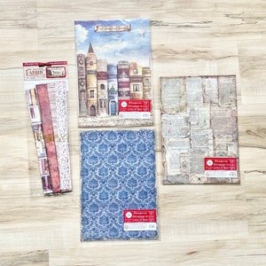 Papel de arroz A4 de Stamperia Vintage Library (A4/3 diseños) o tela (30 x 30 cm/4 hojas) para decoupage, scrapbooking, tarjetas, manualidades de papel