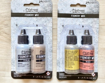 Tim Holtz Foundry Wax by Ranger in Sterling/Statue or Gilded/Mined, two .5oz bottles/pkg, for mixed media, paper crafting, card making