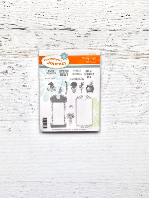 Spellbinders Stamp Set, Scary Tags, 16 stamps, Fun Stampers Journey, scrapbooking, card making, paper crafting, Halloween, art journaling