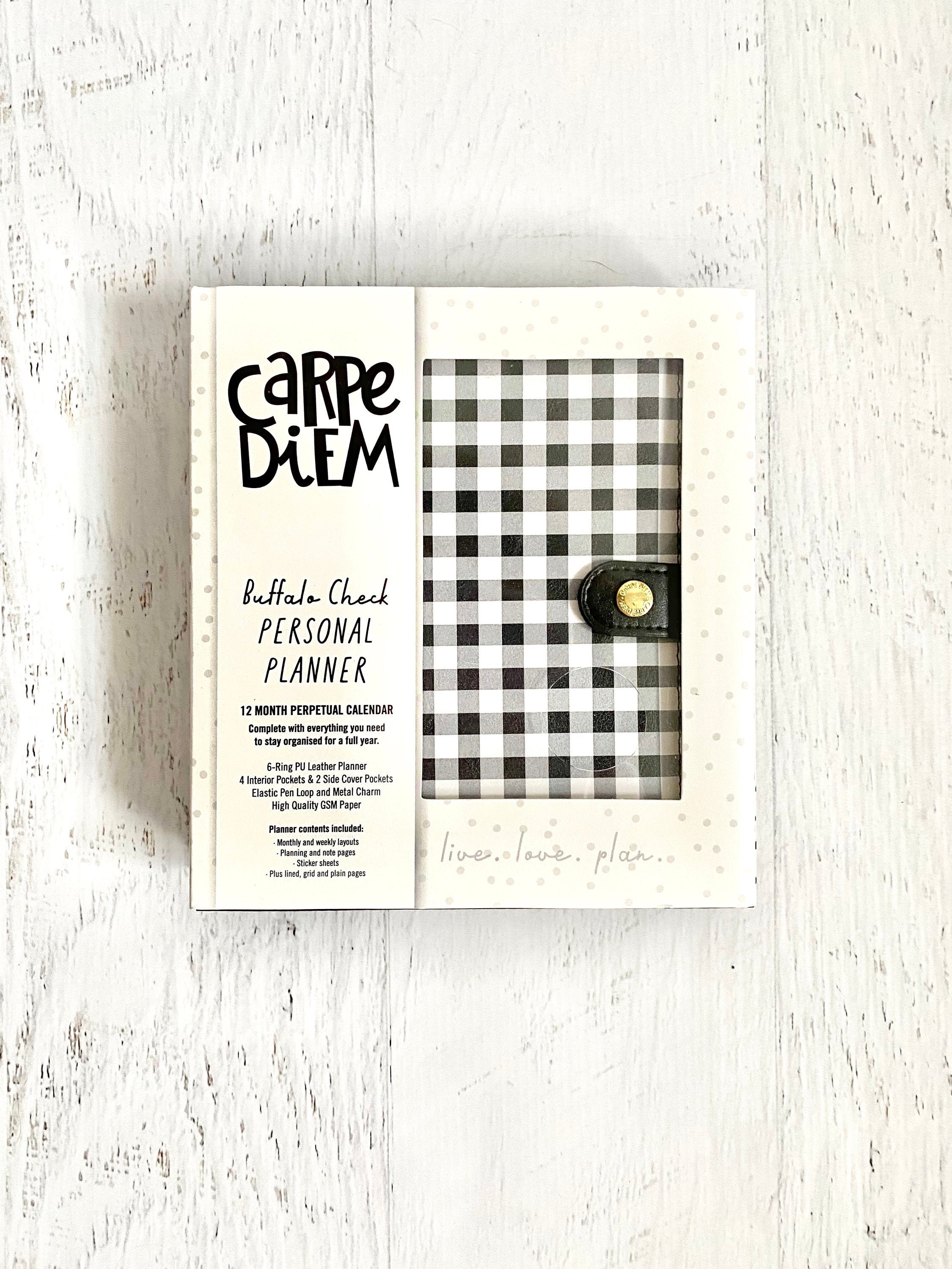 Carpe Diem Personal Planner Boxed Set, Buffalo Check,, Black & White, 6  Ring Simulated Leather, 4 Interior/ 2 Side Pockets, Pen Loop, Charm 