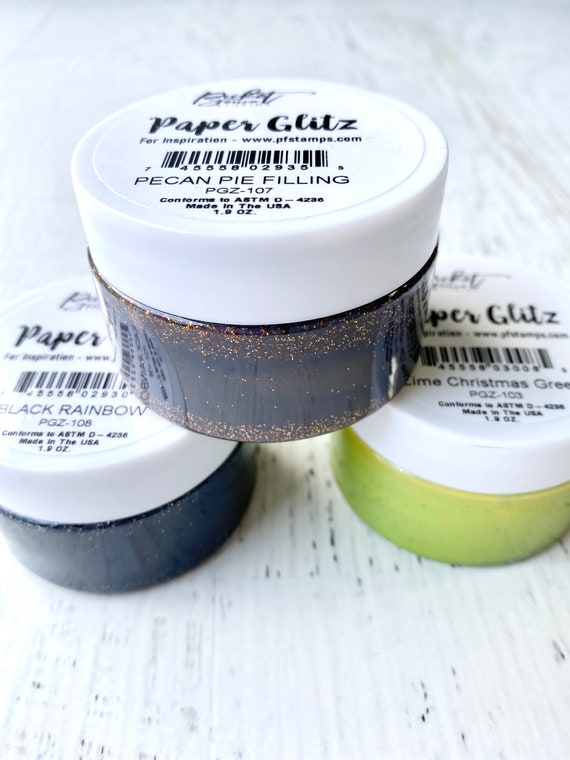 Picket Fence Studios Paper Glitz, Pecan Pie Filling, Black Rainbow, or Lime Christmas Green, 1.9 oz jar, glitter medium, paper crafting