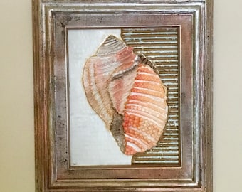 Framed Original Artwork, " Hear the Ocean", 8X10 inside frame, 13X15 framed, Mixed Media, seashells, conch, wall art, beads, corrugated