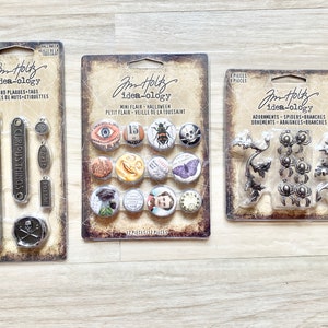 Tim Holtz Idea-ology Mini-Flair, Word Plaques+Tags, or Spiders + Branches Adornments, Halloween, Metal embellishment, altered art, mix media