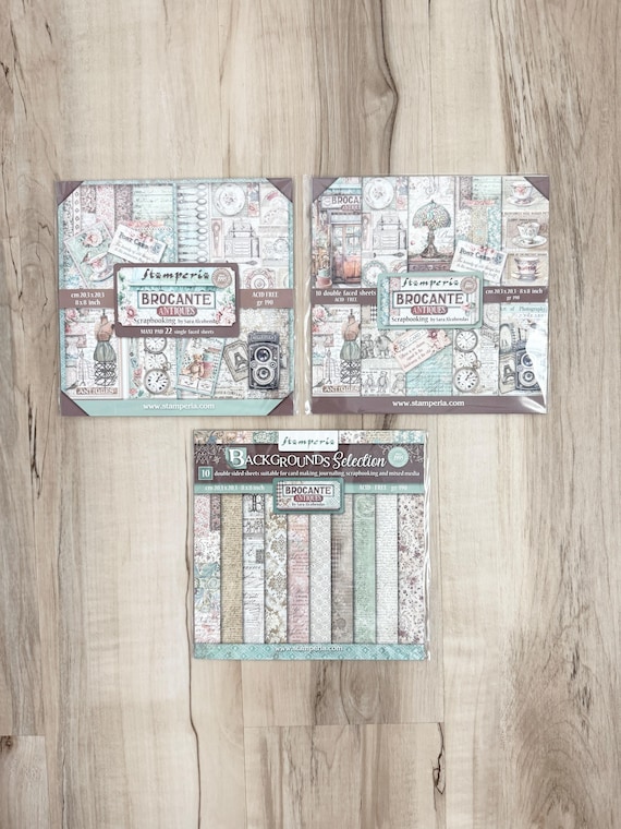 Stamperia Brocante Antiques Collection, 8X8", 22 single-side, 10 dbl-side, or 10 dml-side maxi bkg, scrapbook, card making, paper crafting
