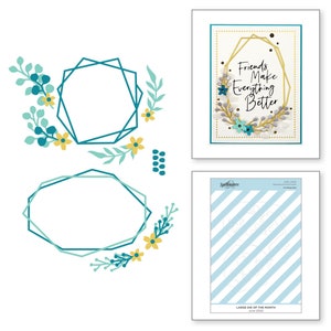 Könnte beinhalten: Ein Set aus geometrischen Rahmenmatrizen in Türkis und Gold mit floralem Design. Die Matrizen sind für die Kartenherstellung und das Scrapbooking gedacht. Das Set enthält eine große Matrix des Monats Juni 2020. Das Matrizenset zeigt den Spruch "Friends Make Everything Better".