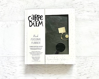 Carpe Diem Personal Planner Boxed Set, Simple Stories, Black, simulated leather, 4 interior pockets, 2 side pockets, pen loop, metal charm