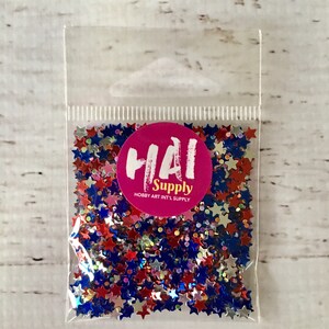 Hobby Art International, HAI, feestelijke vierde pailletten, rode, witte en blauwe sterren met stippen, voor papercrafts, scrapbooking, plannertassen