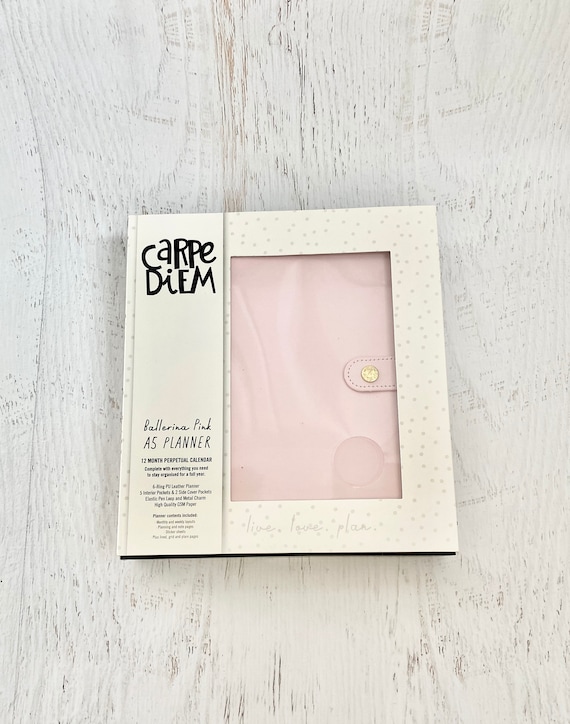 Carpe Diem Planner Ballerina Pink Boxed Set, A5, 6 Ring Simulated Leather  W/ 4 Interior Pockets, 2 Side Pockets, Elastic Pen Loop, & Charm 