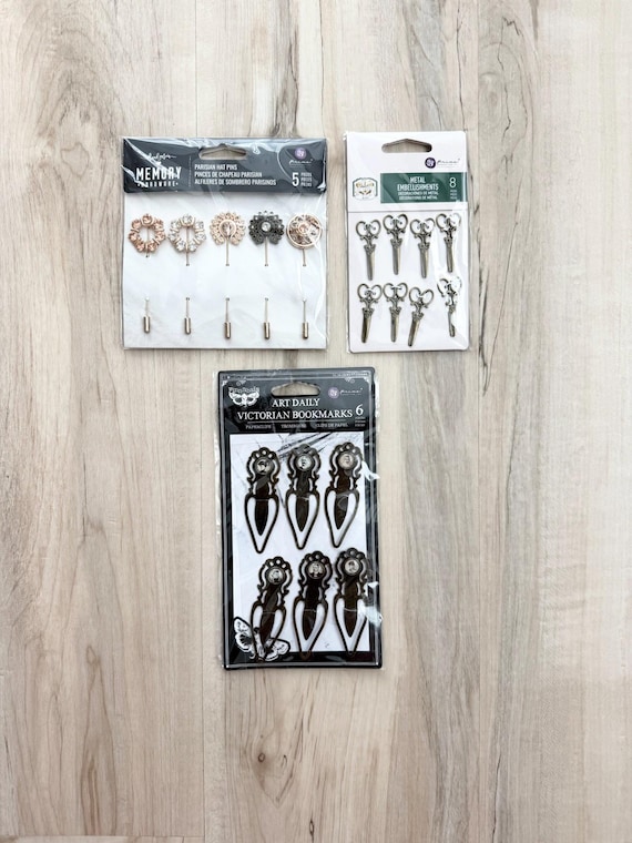 Prima metal embellishments, Parisian Hat Pins, Scissor Charms, or Victorian Bookmarks, junk journaling, papercrafting
