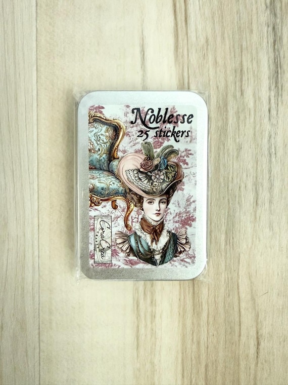 Noblesse Vinyl Stickers by CoraCreaCrafts, 25 stickers, no white edge in a tin