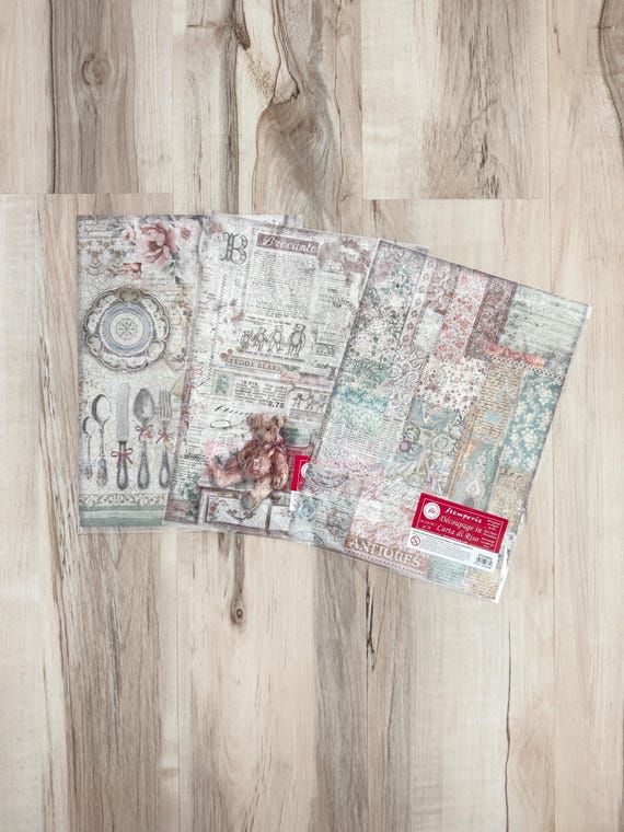 Stamperia Brocante Antiques rice paper, A4, 3 sheet/pkg (1 ea of 3 designs), scrapbook, card making, paper crafting, mixed media, decoupage