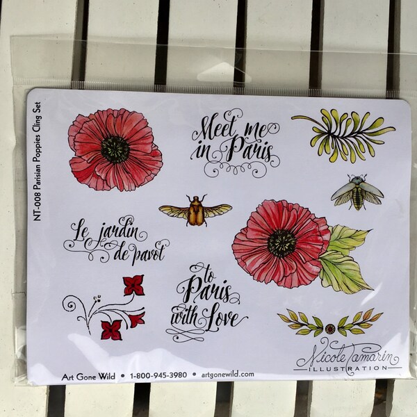 Art gone Wild Parisian Poppies Cling Stamp set, Nicole Tamarin, NT-008, card making, scrapbook art journal, planning, mini albums, embossing