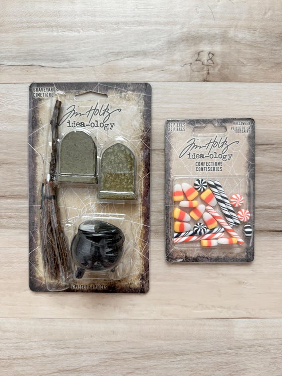 Tim Holtz Idea-ology, Graveyard or Tombstones, Halloween embellishment, paper crafting, altered art assemblage, vignette, diorama, broom