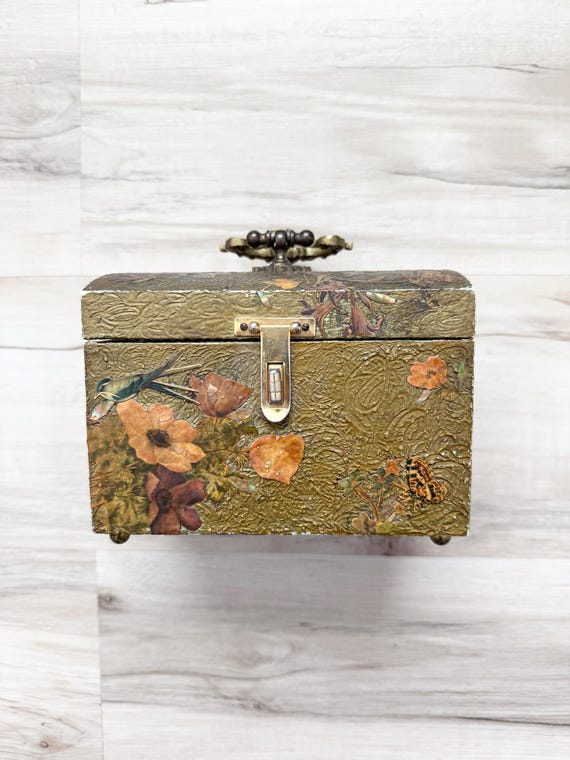 Vintage Trinket Box, circa 1971, 6.625x4.375x4.5 inches, gold color decoupage,  brass hardware, butterflies, flowers, fabric lined interior
