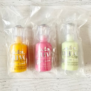 Nuvo Crystal Drops, by Tonic Studios,  1 fl oz bottle, Dandelion Yellow, Carnation Pink or Metallic Soft Mint, paper crafting, card making