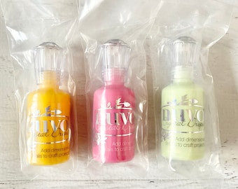 Nuvo Crystal Drops, by Tonic Studios,  1 fl oz bottle, Dandelion Yellow, Carnation Pink or Metallic Soft Mint, paper crafting, card making