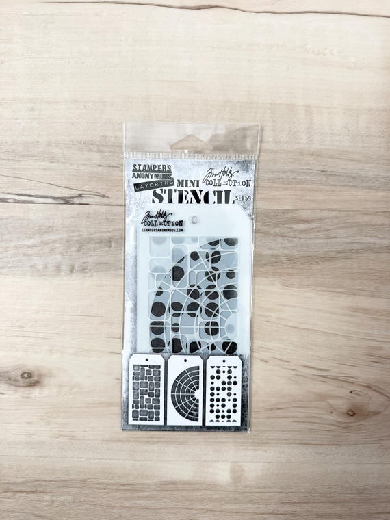 Tim Holtz Layering Mini Stencil Collection, Set 59, pkg of 3 to layer with inks, paints, stamps, for mixed media, altered art