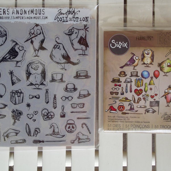 Stampers Anonymous Mini Birds Crazy and Things stamp and die set combo, Tim Holtz, cling stamp set, art journaling, card making, scrapbook