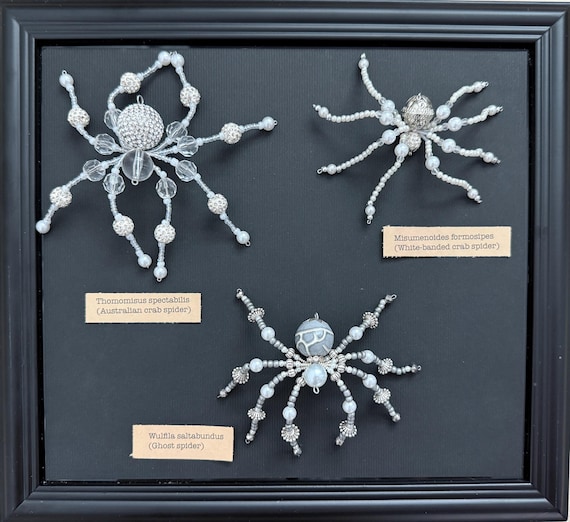 Beaded Spiders, Halloween Decor, 4- 6 inch diameter, faux pearls, crystals, and silver, Table or hanging decor, white, silver