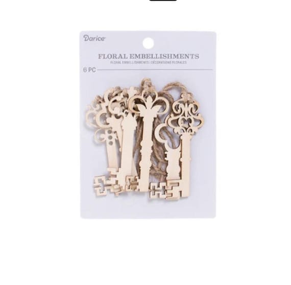 Darice Wooden laser cut Key shaped tags, pkg of 6, w/ jute string, embellishments, paper crafting, card making, scrapbooking, mixed media