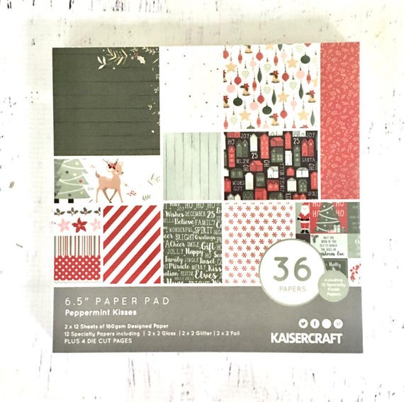KaiserCraft Peppermint Kisses, 6.5" square, pad of paper, 2X 12 designs, 12 specialty papers, and 4 die cut pages for planning, scrapbooking