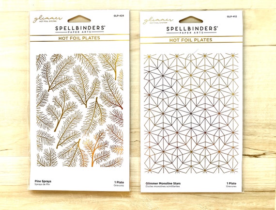 Spellbinders Pine Sprays or Glimmer Monoline Stars Hot Foil Plates, card making, paper crafting, art journaling, holiday background