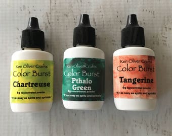 Ken Oliver Color Burst in Chartreuse, Phalo Green or Tangeringe, 6 g concentrated powder, cardmaking, art journaling, mixed media, stamping