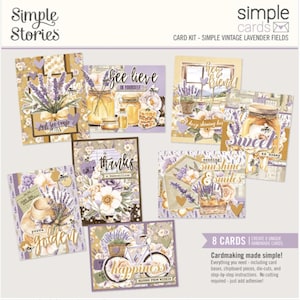 May include: A card kit featuring eight handmade cards with a vintage lavender theme. The cards showcase floral designs, jars of honey, and inspirational phrases like "Bee-lieve in Yourself" and "Happiness". The kit includes card bases, die-cuts, and instructions.
