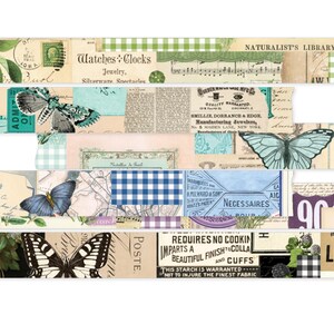 May include: A collection of vintage-style washi tape featuring butterflies, gingham patterns, and text like "Watches & Clocks", "Naturalist's Library", and "Necessities".