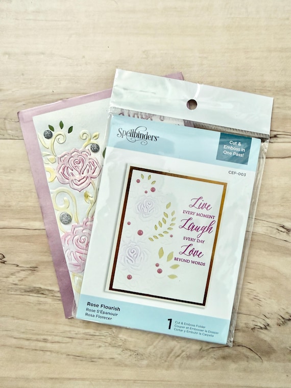 Spellbinders Cut & Emboss Rose Flourish Folder, gently used once to create sample card, paper crafting, card making, A2 size