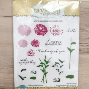 Taylored Expressions Simply Stamped Zinnias-stempelset, voorzichtig gebruikt, 19 stempels, kaarten maken, plakboek, planners, art journal, papier knutselen