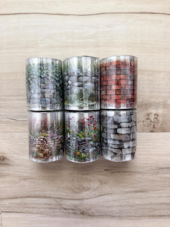 Flower Wall PET Tape, 1x1x75" roll, green brown yellow orange, grey, vines, stone, paper crafting, card making, junk journaling, mixed media