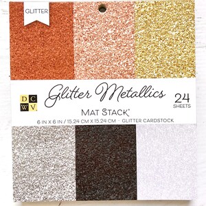 May include: A pack of 24 sheets of 6x6 inch glitter cardstock in six metallic colors: copper, rose gold, gold, silver, black, and white. The pack is labeled "Glitter Metallics 24 Sheets" and "MAT STACK".
