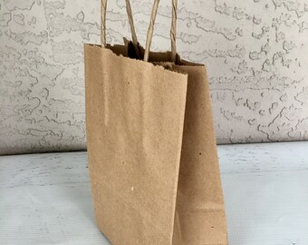 Package of 10 paper shopping bags with handle, 100% recycled paper, 8X5.25X3”, for packaging, storage, craft sales, tag sales, gift bags
