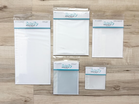 49 and Market pocket sleeves, Interactive photo flips, 6x12,6x8, 4x6, and 3x4 inch sizes, clear, adhesive strip application