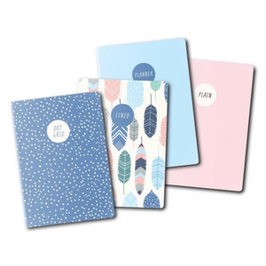 May include: Four different notebooks with various covers. The covers are blue with white dots, white with a feather pattern, light blue with the word "PLANNER" and pink with the word "PLAIN".