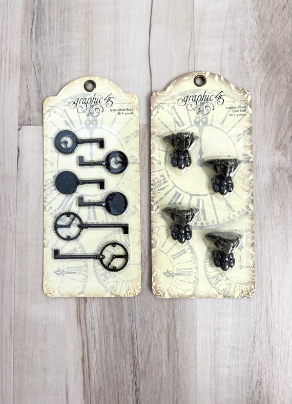 Graphic 45 Metal Embellishments, Ornate Metal Clock Keys or Antique Brass Claw Feet, paper crafting, altered art