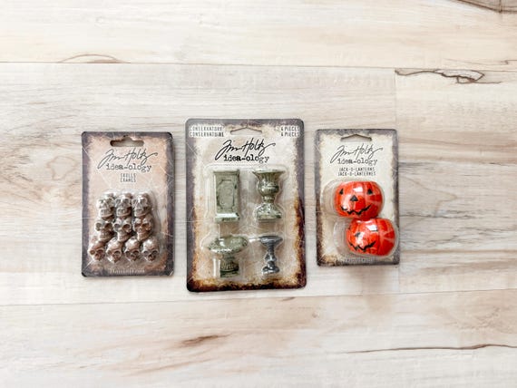 Tim Holtz, Ideaology, Jack-O-Lanterns, Skulls, or Conservatory Urns, Halloween embellishment, paper craft, altered art assemblage, vignette